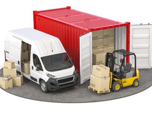 Delivery? logistic and shipping concept. Loading and unloading cargo from  container to van and forklift isolated on white. 3d illustration