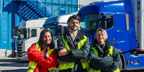 Diverse logistics team in high visibility vests and insulated jackets standing with arms crossed outside a cold storage facility, with refrigerated trucks behind, proud and professional